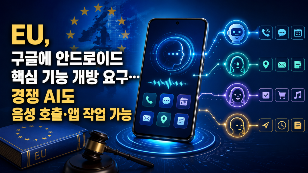 EU가 구글에 안드로이드 핵심 기능을 경쟁 AI 서비스에 개방하도록 요구한 내용을 설명하는 이미지